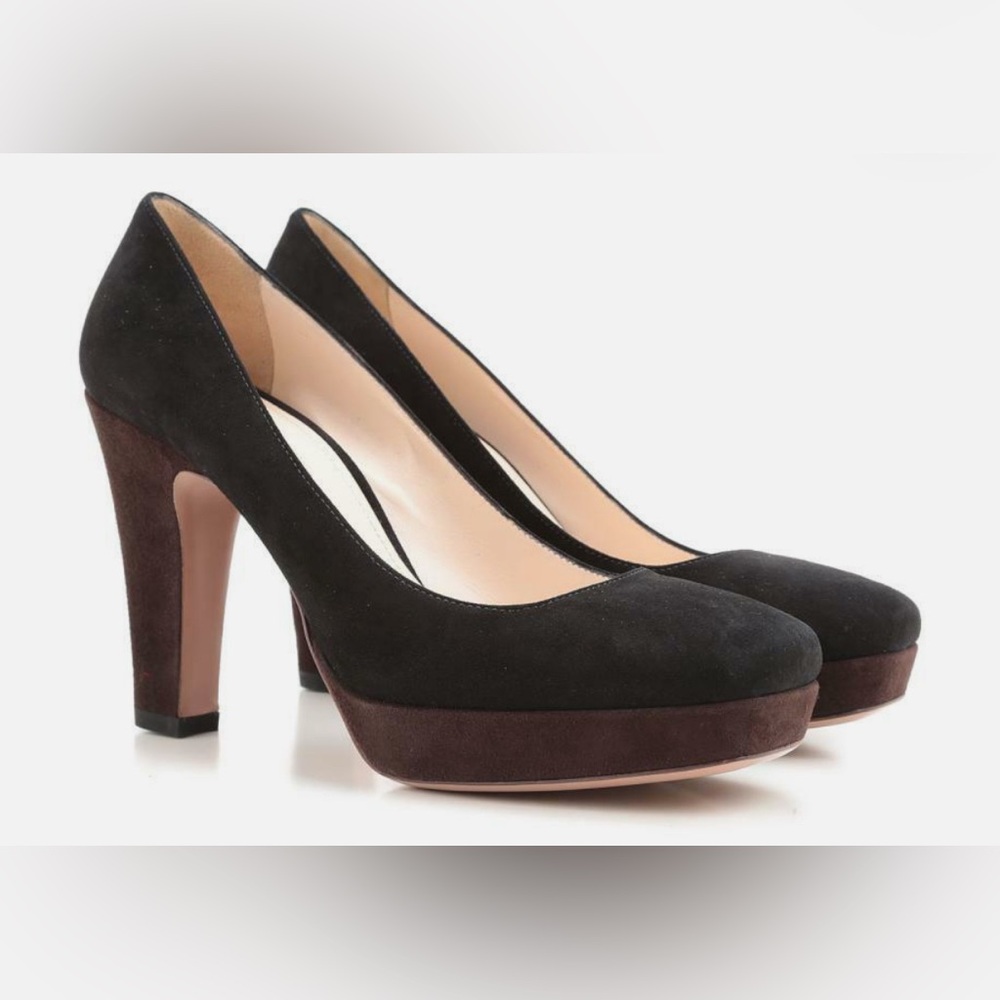 Prada Vintage Suede Platform Pumps — Black & Chocolate Brown